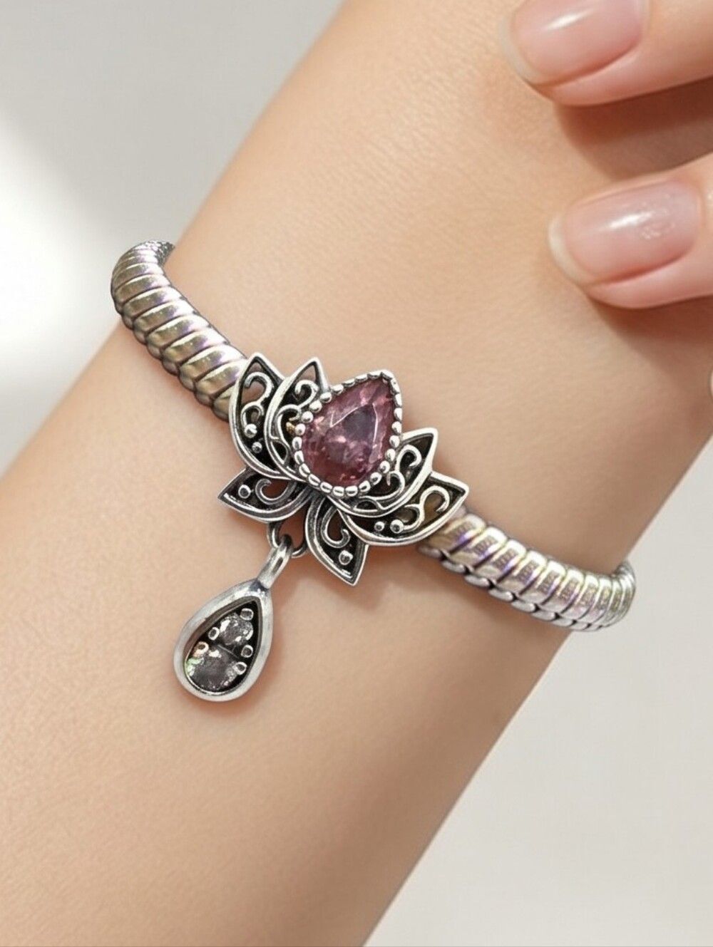Lotus Flower Charm S925 Sterling Silver Purple Dangle Bracelet Bohemian Tribal
